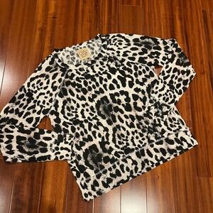 Chaser Long Sleeve Top Tee Leopard Animal Print Textured Knit Casual Shirt Sz S
